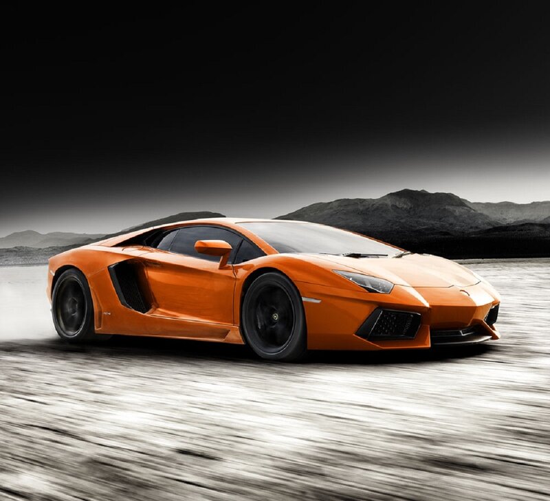 Orange Sports Car — Dramatic, Photograph, Mountains, Road