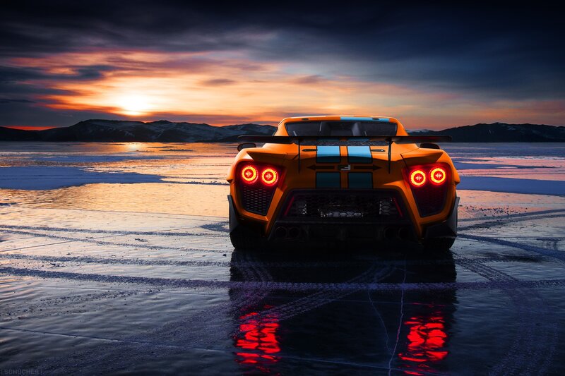 Orange Sports Car — Dramatic, Sunset, Digital Art, Ice