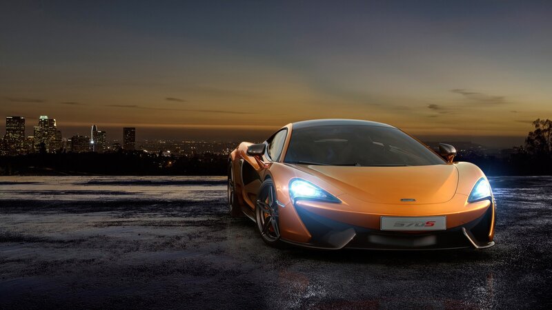 Orange Sports Car — Dramatic, Sunset, Photograph, City Skyline