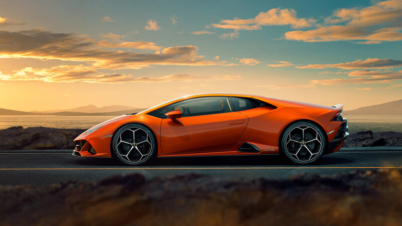 Orange Sports Car — Dramatic, Sunset, Photograph, Road, Sea