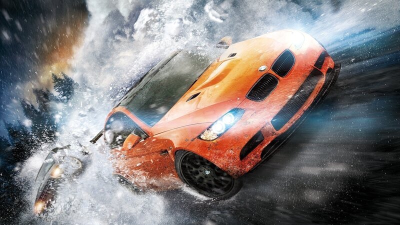 Orange Sports Car — Dramatic, Winter, Digital Art, Snow, Trees