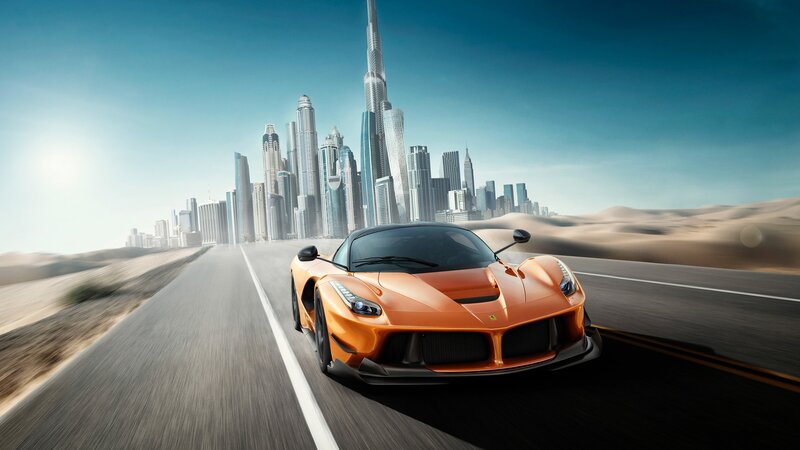 Orange Sports Car — Dynamic, Afternoon, 3d Render, Skyscraper