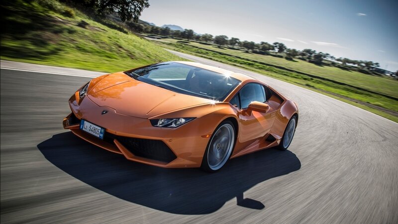 Orange Sports Car — Dynamic, Afternoon, Photograph, Road, Grass, Trees