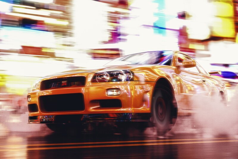 Orange Sports Car — Dynamic, Night, Digital Art