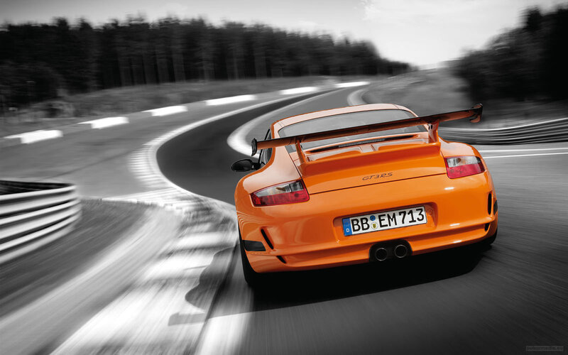 Orange Sports Car — Dynamic, Photograph, Race Track, Trees