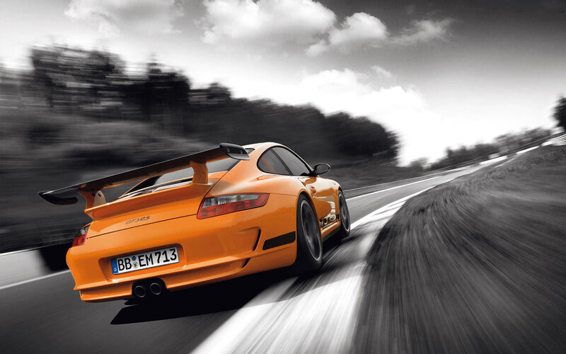 Orange Sports Car — Dynamic, Photograph, Road, Trees