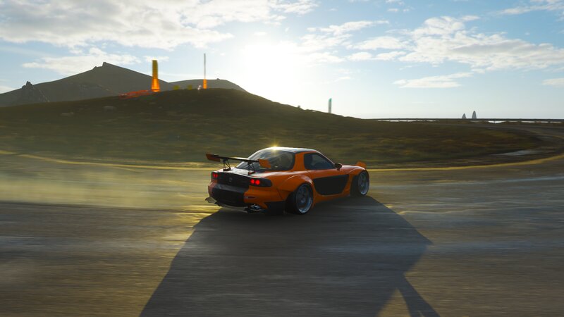 Orange Sports Car — Dynamic, Sunset, 3d Render, Road, Mountain