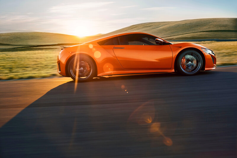 Orange Sports Car — Dynamic, Sunset, Photograph, Road, Hills