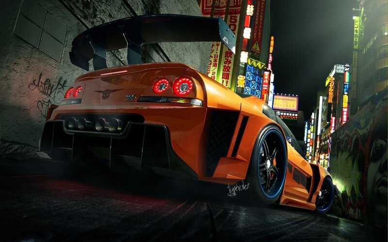 Orange sports car in city alley