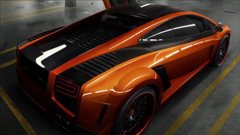 orange sports car in garage
