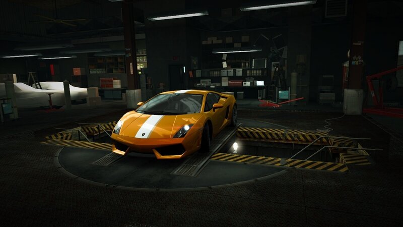 orange sports car in garage
