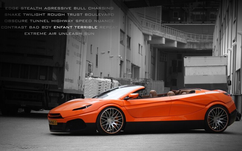 Orange sports car in industrial setting