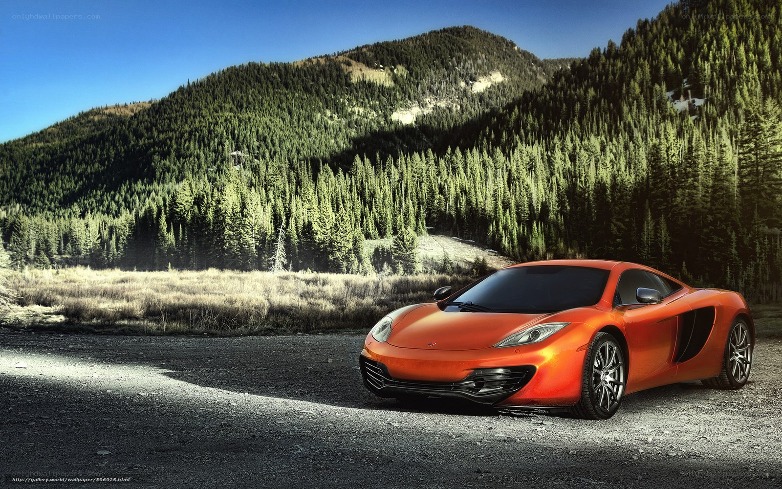 Orange sports car in mountain landscape
