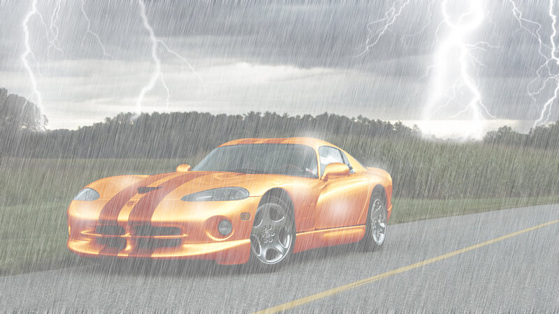 Orange sports car in storm
