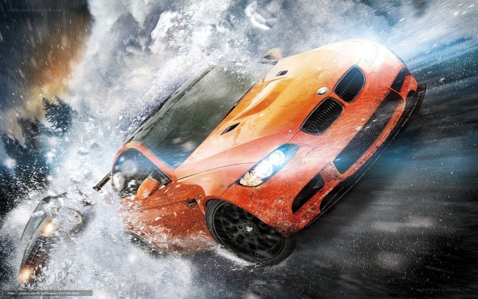 Orange sports car in water splash