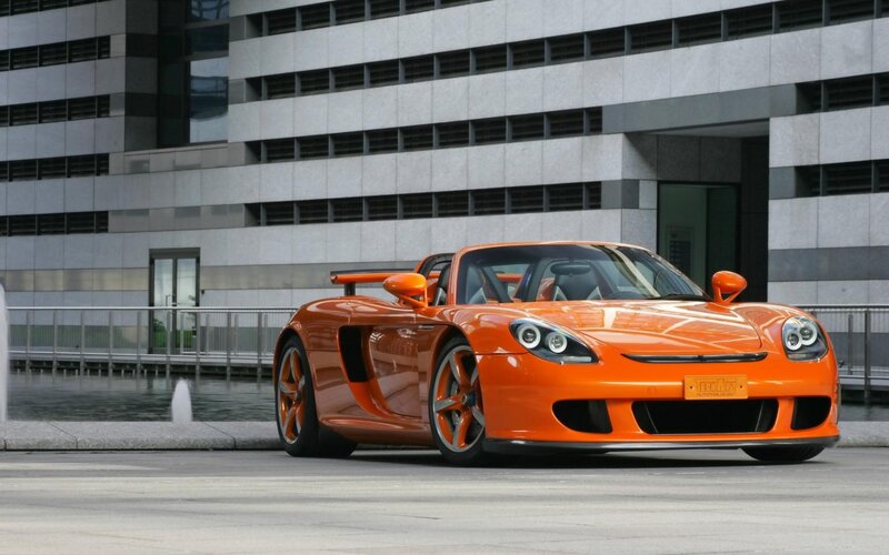 Orange Sports Car — Modern, Afternoon, Photograph, Building, Fountain, Road, Gray, Techart