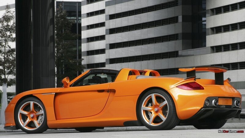Orange Sports Car — Modern, Afternoon, Photograph, Building, Tree