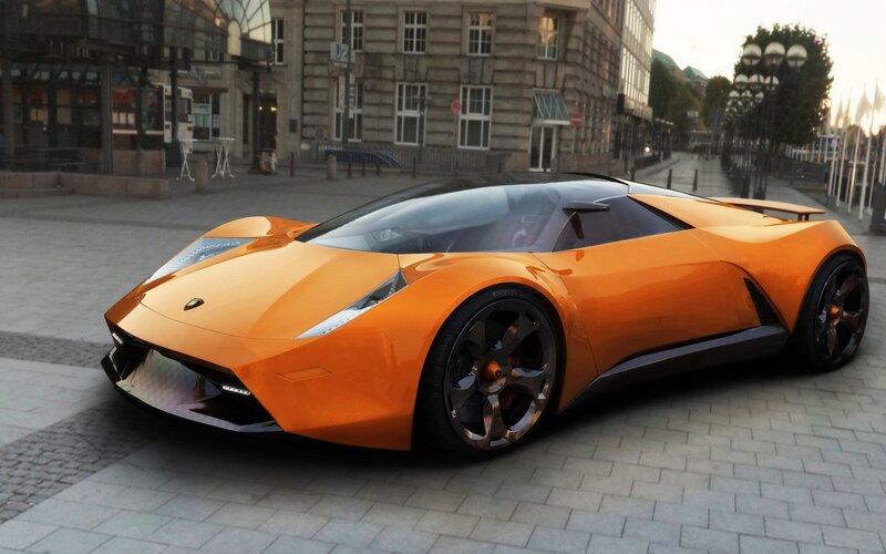 orange sports car on city street