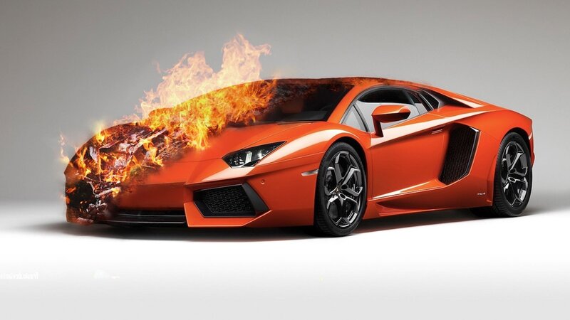 Orange Sports Car on Fire — Dramatic, Digital Art