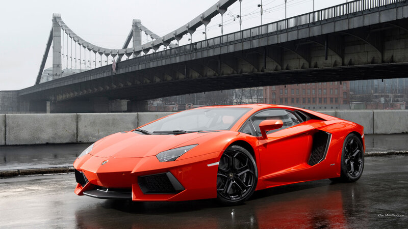 Orange Sports Car — Red, Dramatic, Photograph, Bridge, Wet Pavement