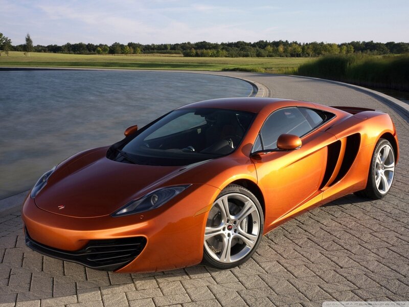 Orange Sports Car — Serene, Afternoon, Photograph, Pond