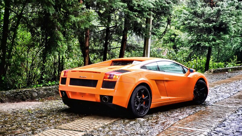 Orange Sports Car — Serene, Photograph, Forest, Cobblestone Road