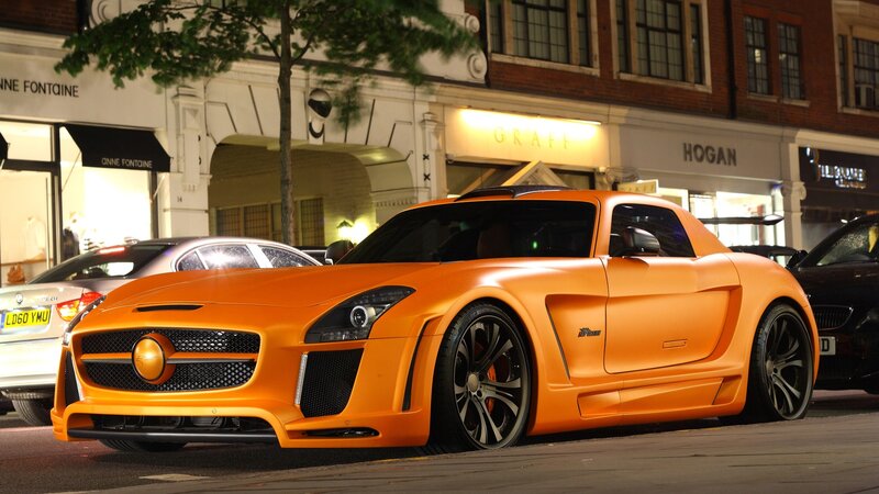 Orange Sports Car — Urban, Night, Photograph, Building