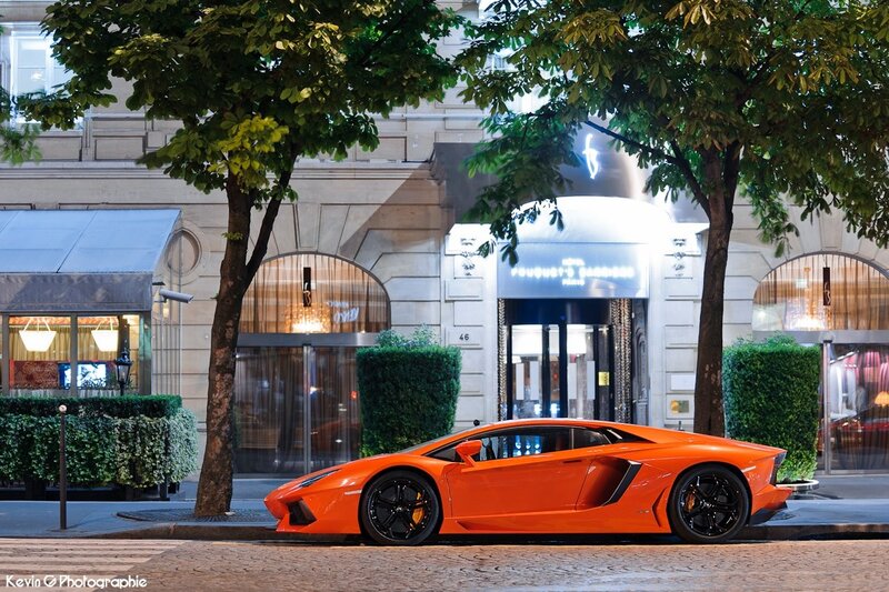 Orange Sports Car — Urban, Night, Photograph, Trees