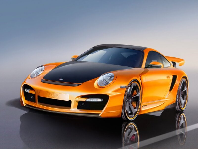 Orange sports car with black hood