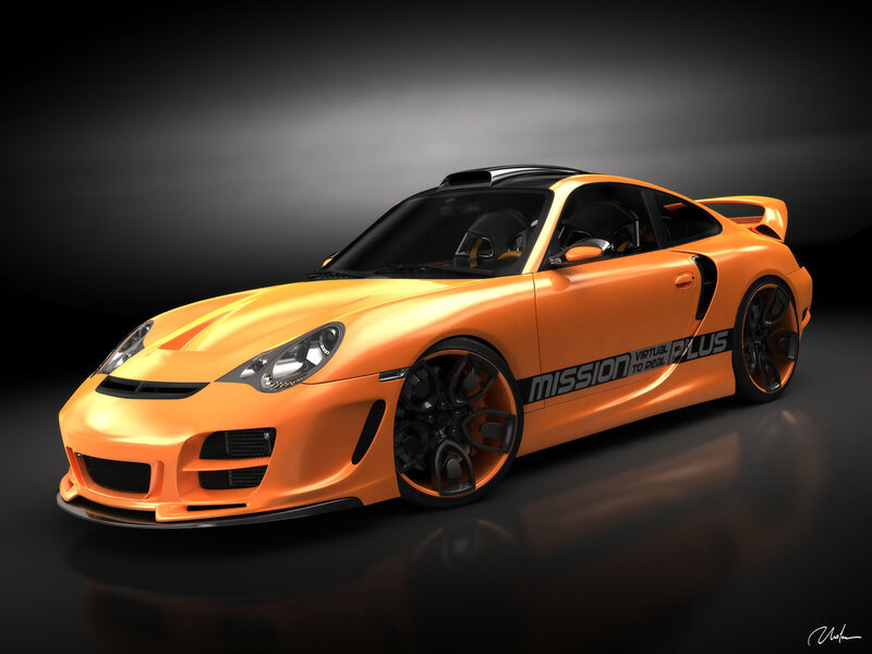 Orange sports car with decals