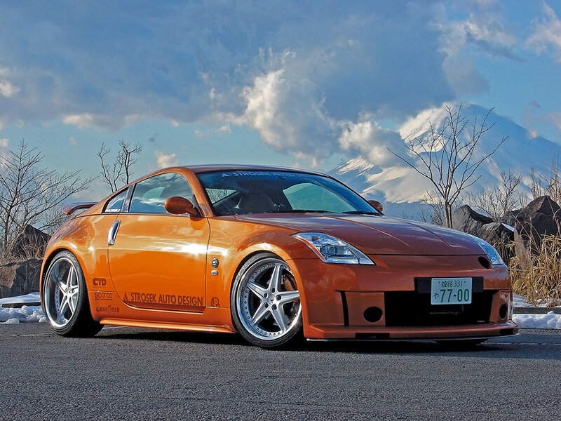 Orange sports car with mountain view