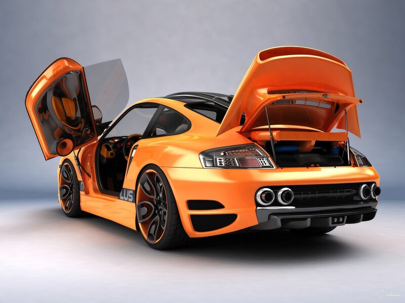 Orange sports car with open doors
