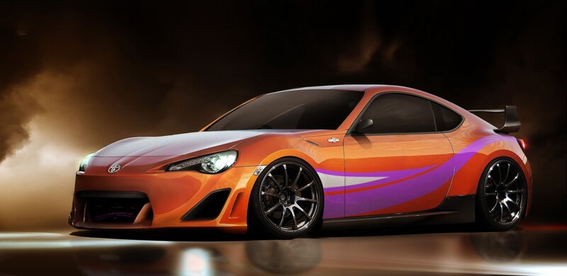 orange sports car with purple stripes