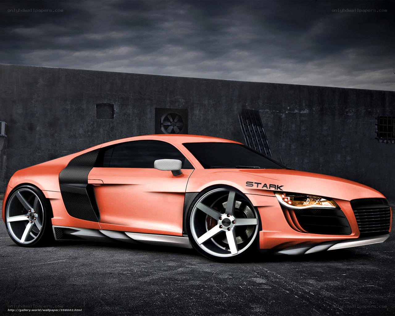 Orange sports car with Stark branding