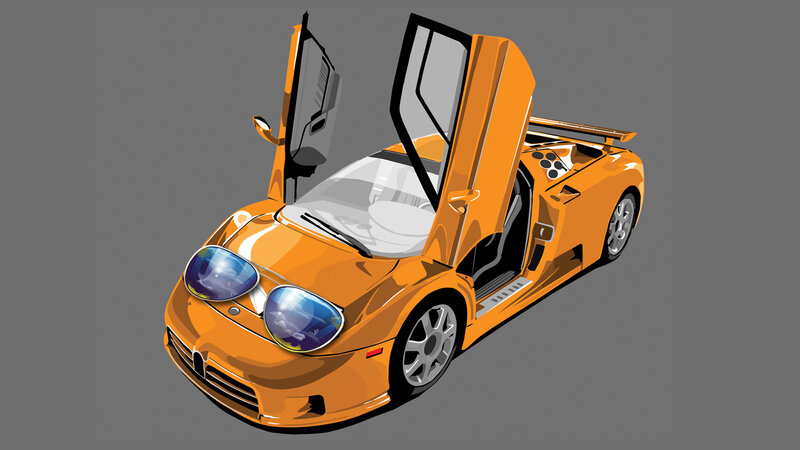 Orange sports car with sunglasses