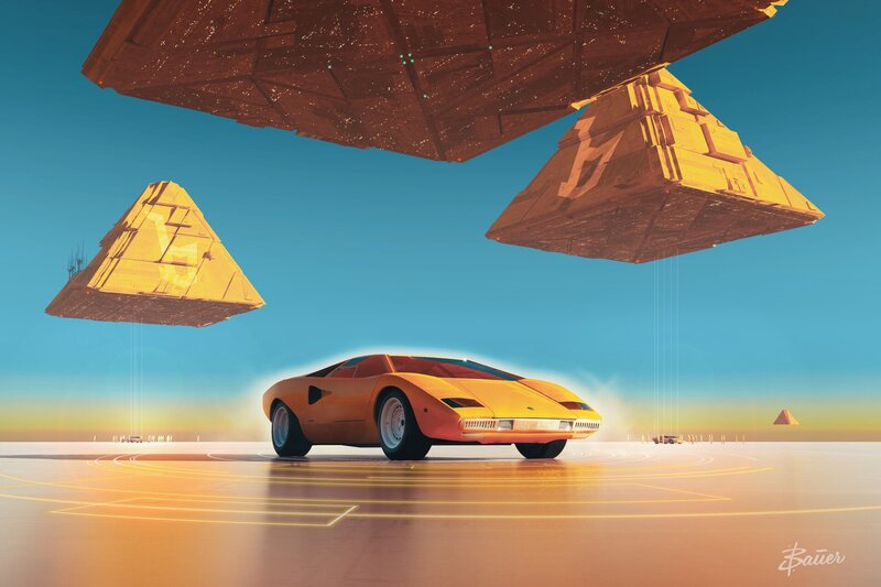 Orange Sports Car — Yellow, Dramatic, Sunset, Digital Art