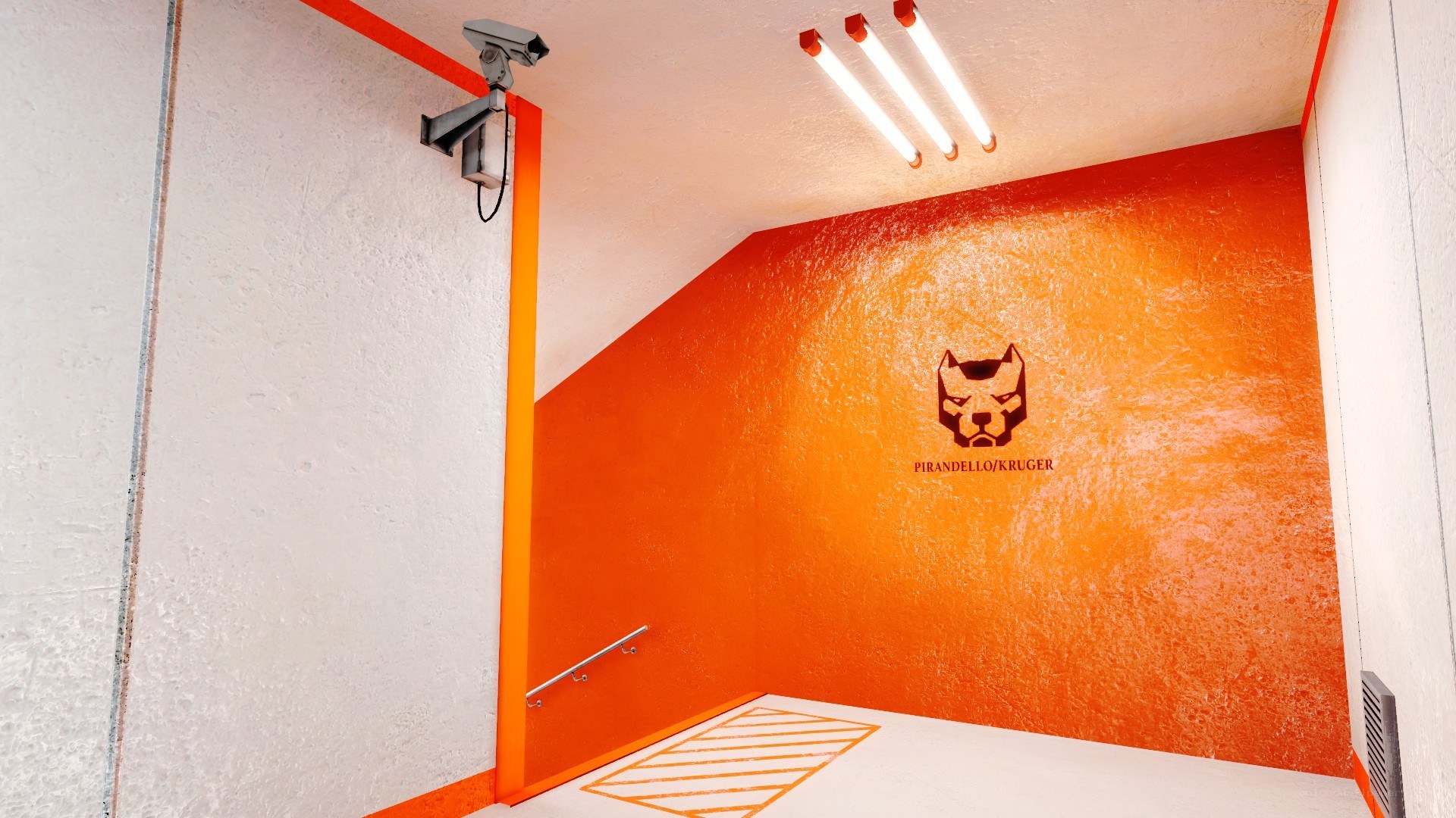 orange stairwell with logo