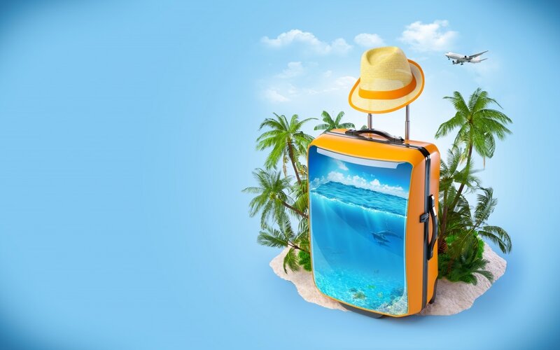 Orange Suitcase on Island — Blue