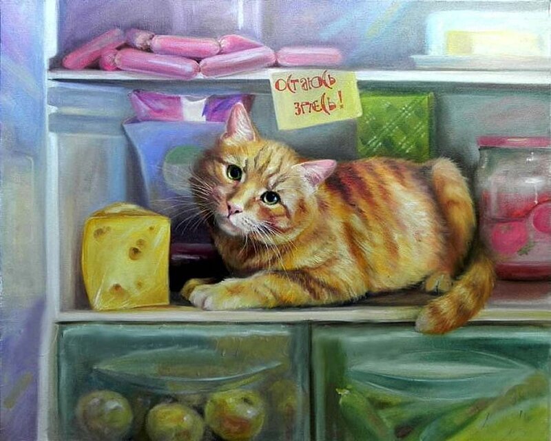 Orange Tabby Cat — Curious, Painting, Cheese