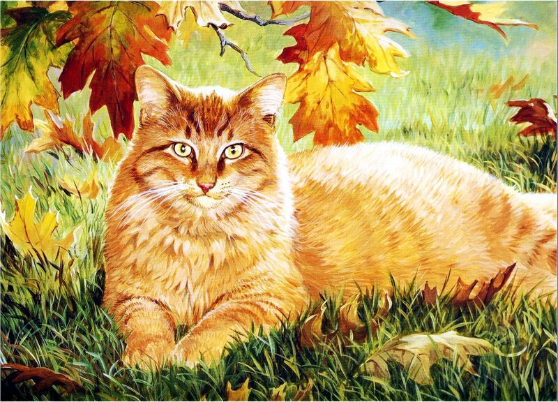 Orange Tabby Cat — Green, Calm, Autumn, Painting