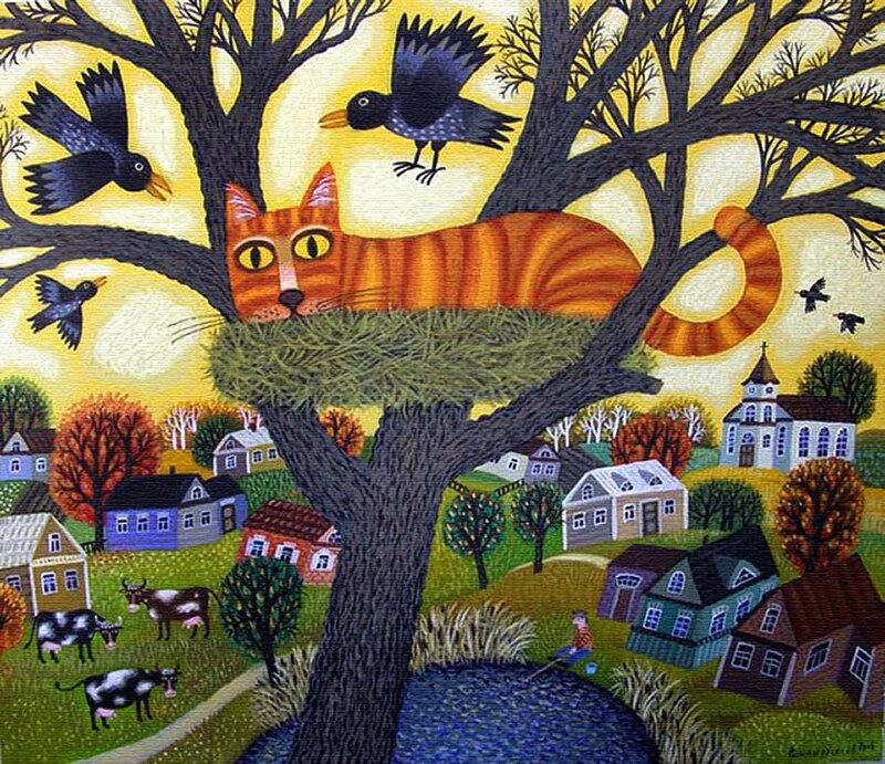 Orange Tabby Cat in Tree — Yellow