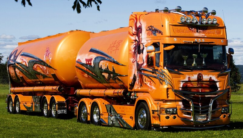 Orange tanker truck with custom paint