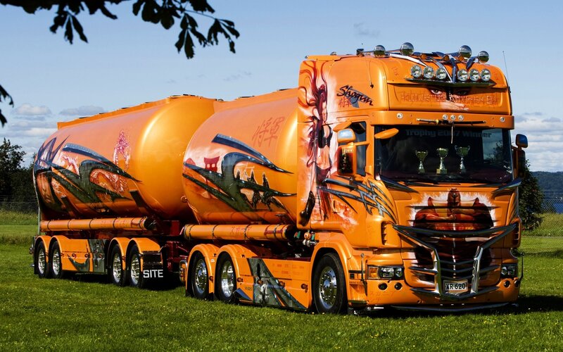 Orange tanker truck with custom paint