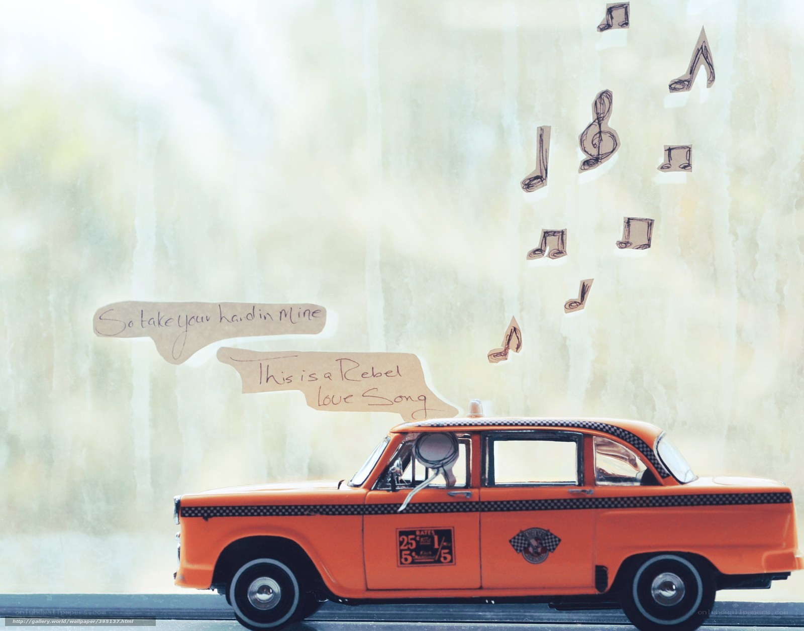 Orange taxi with music notes