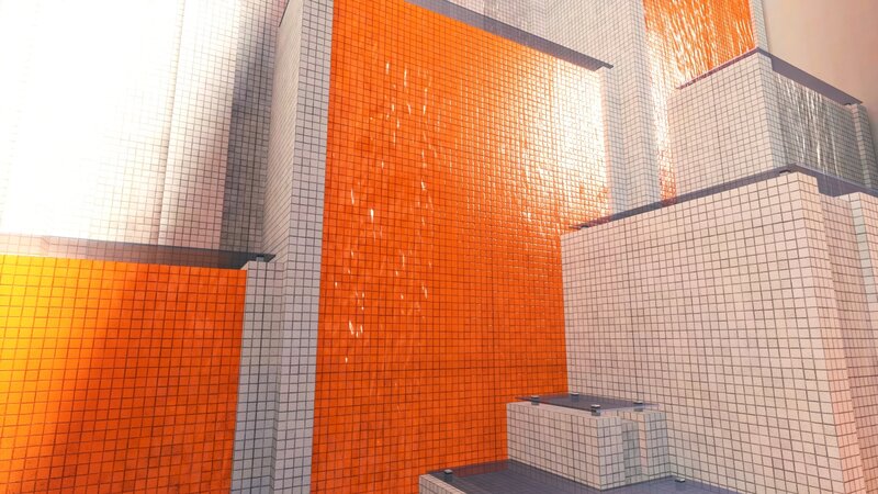orange tiled water feature