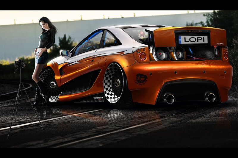 Orange Toyota Celica with woman