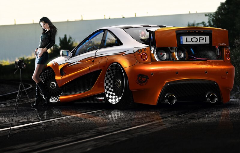 Orange Toyota Celica with woman