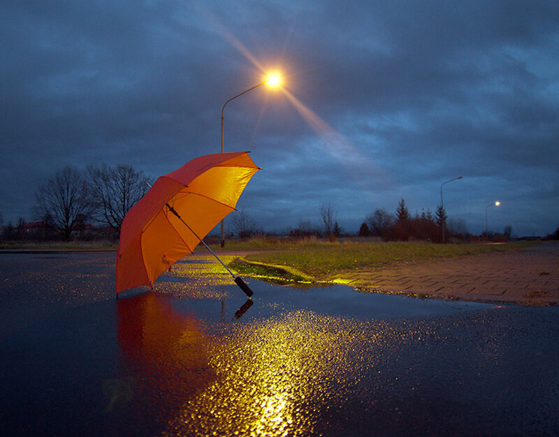 Orange Umbrella in Puddle
