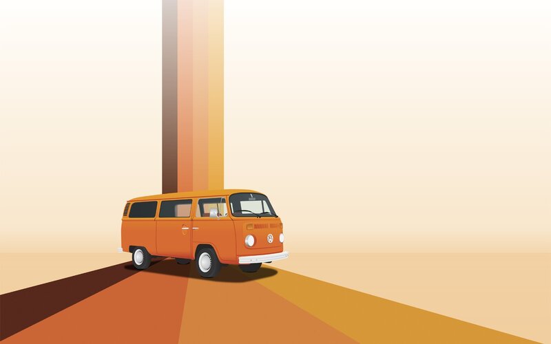 orange van on a colorful road
