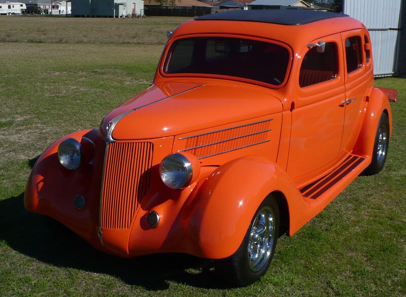 Orange Vintage Car — Calm, Afternoon, Photograph, Grass, House